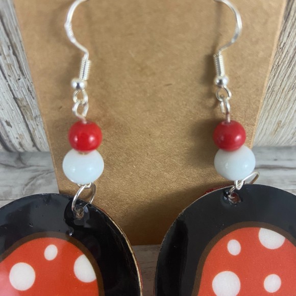 Mushroom Earrings Retro Black Red White Round 2” Dangle Bead French Wire Silver - Picture 6 of 10